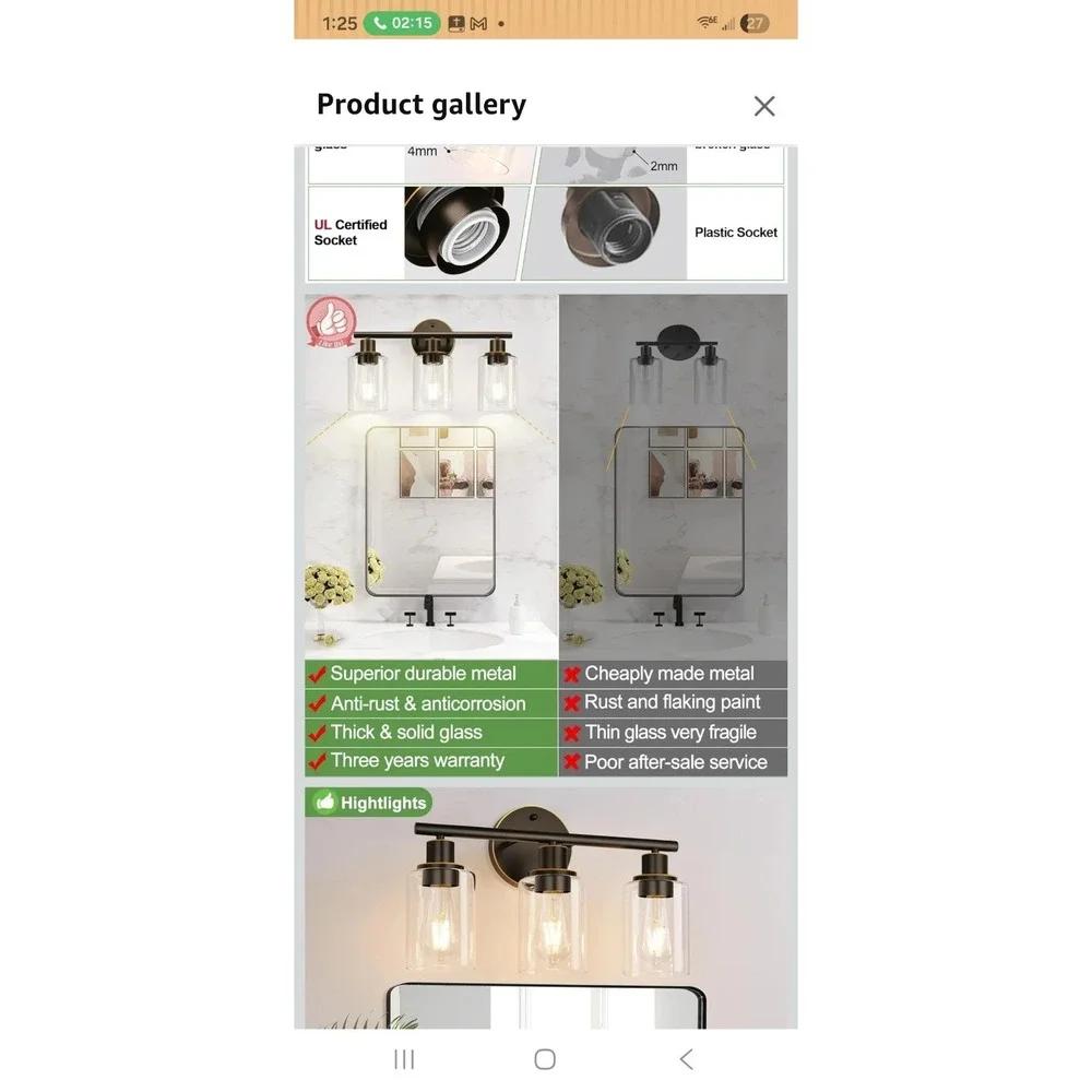 3-Light Bathroom Light Fixtures, Brown and Gold Bathroom Wall Lights, Modern ...